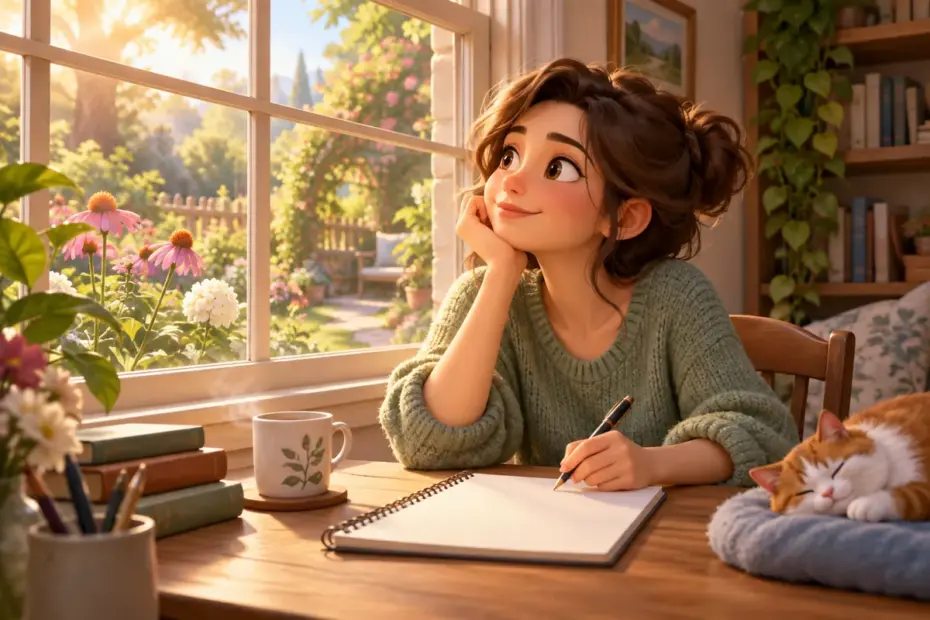 A writer studies a garden scene from a desk.