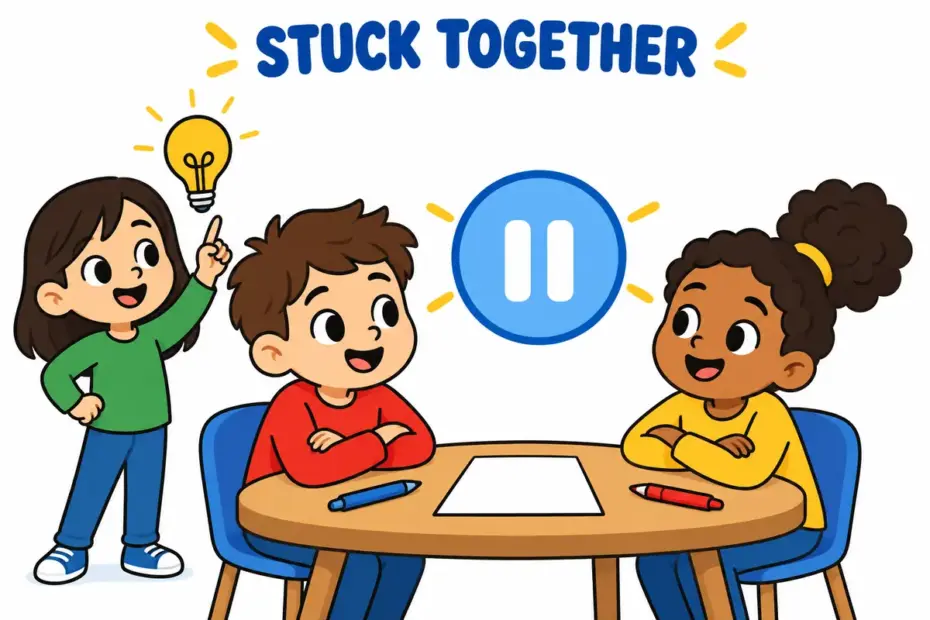 Cartoon two children sit at a table at an impasse, neither signing the paper between them, showing impasse in a sentence.