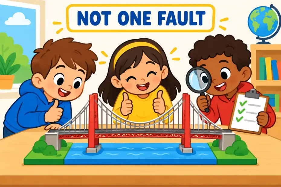 Cartoon children admire a faultless model bridge, showing impeccable in a sentence as free from any error.
