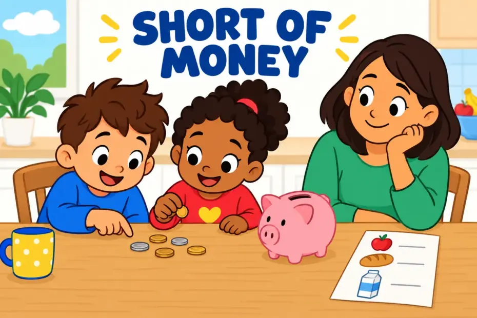 Cartoon children count a few coins on a table, showing impecunious in a sentence as having very little money.