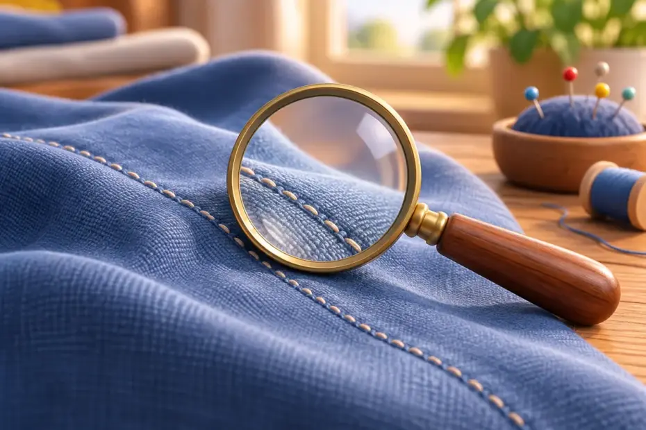 A magnifying glass rests beside a fine seam in fabric.