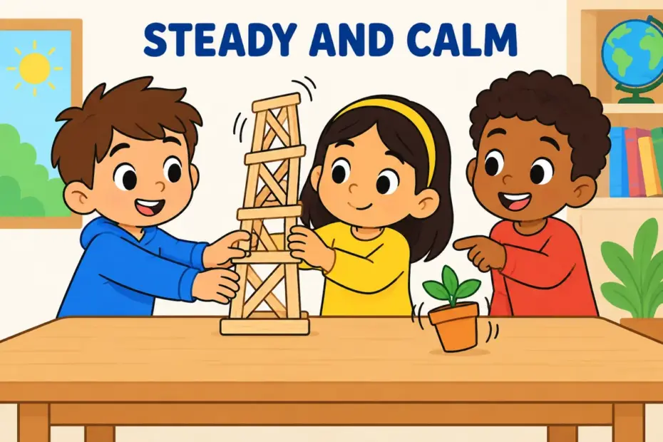 Cartoon children stay calm while a model tower wobbles, illustrating imperturbable in a sentence as settled composure under pressure.