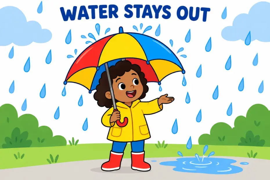 A cartoon child stays dry under a big coat while rain bounces off, showing impervious in a sentence as nothing passing through.