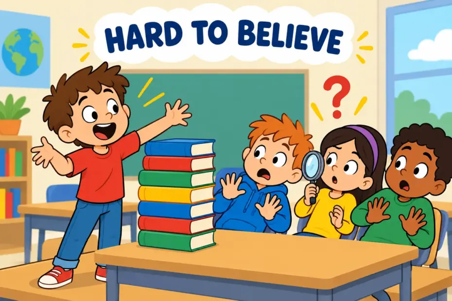 Cartoon children react to an exaggerated tale with doubt, showing implausible in a sentence as a claim that fails to convince.