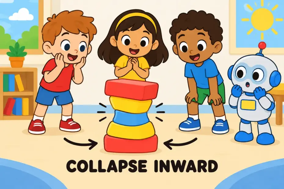 Cartoon children watch a stack of blocks fall inward on itself, showing implode in a sentence as a collapse from within.
