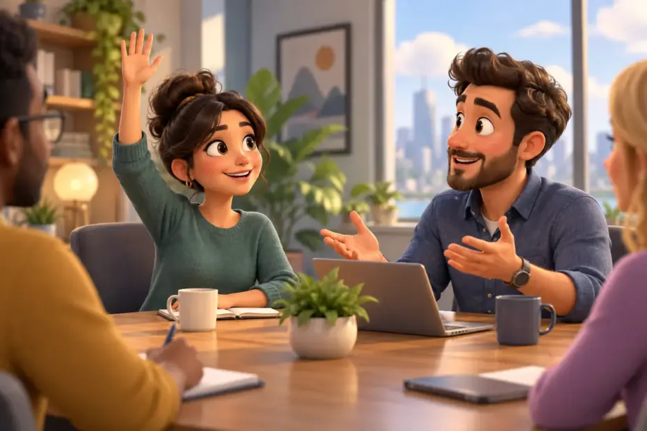 One person raises a hand while another speaks across a meeting table.