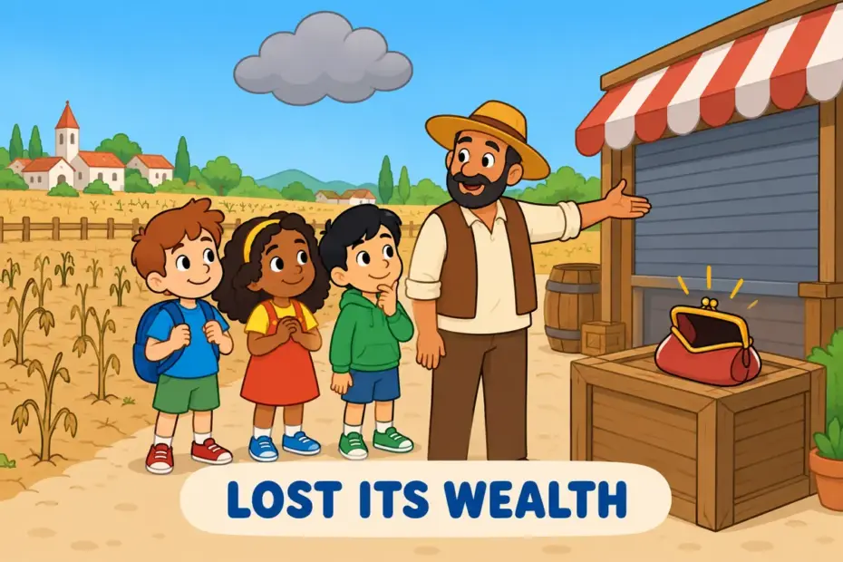 Cartoon villagers stand before drained fields and an empty market stall, showing impoverished in a sentence as lasting poverty.