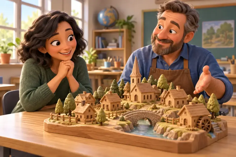 A learner admires a detailed village model.
