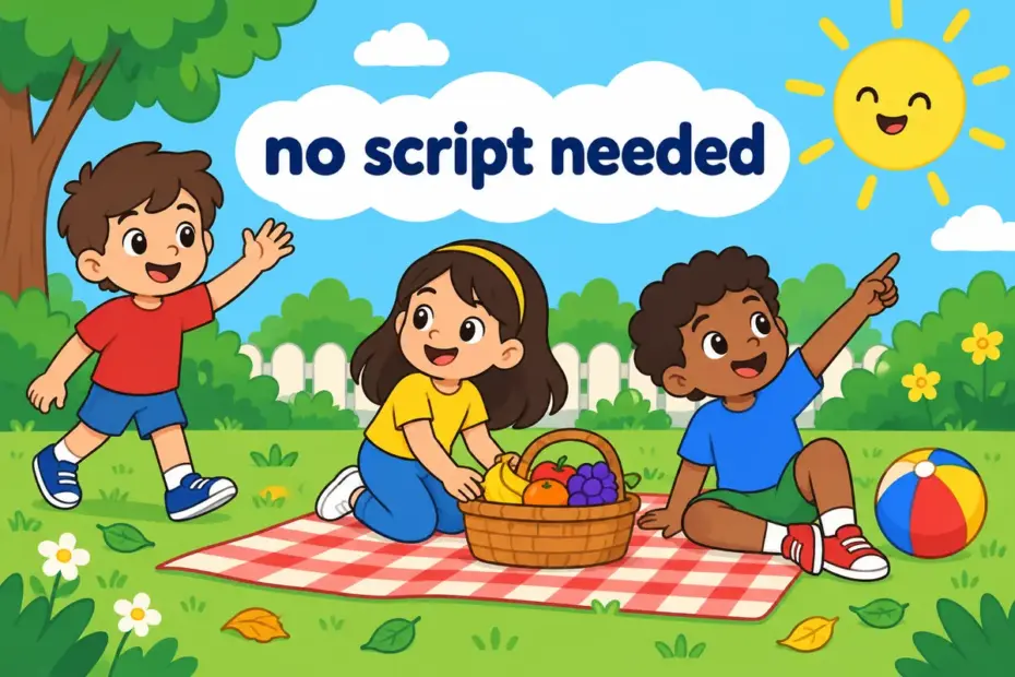 Cartoon children gather for an impromptu picnic in a garden, showing impromptu in a sentence as something arranged without planning.