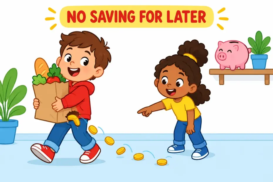 Cartoon children watch coins slip through a hole in a torn shopping bag, showing improvident in a sentence as careless spending.