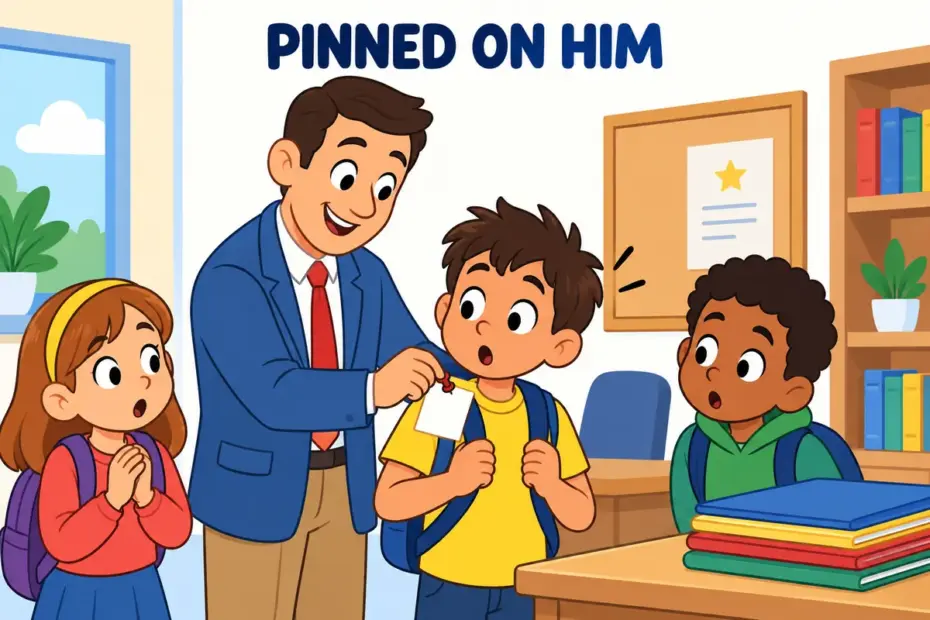 A cartoon official pins a paper note onto a surprised child while classmates watch, showing impute in a sentence as attributing blame.