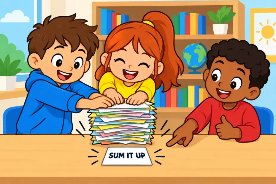 Two cartoon children compress a tall pile of notes into one small card, showing in a nutshell in a sentence as a summary tag.