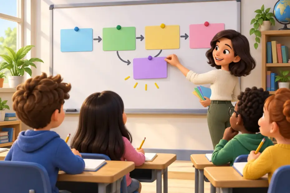 A teacher adds one more colorful card to a clear classroom writing plan.