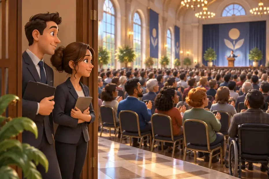 A crowd fills a large hall while organizers observe from a doorway.