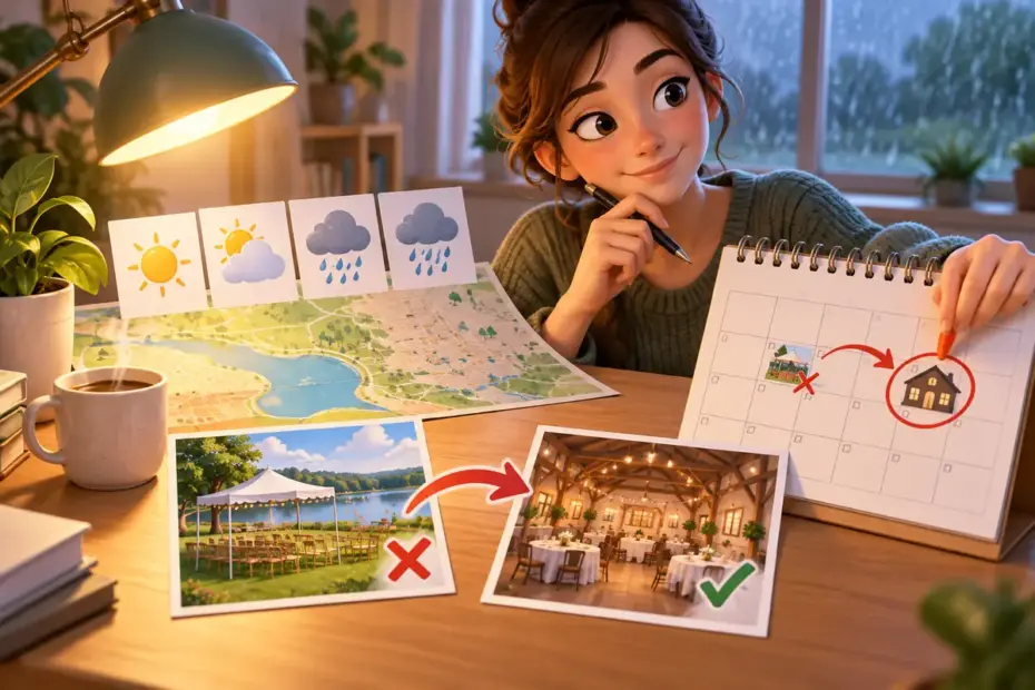 A planner moves an outdoor event indoors after reviewing a weather forecast.