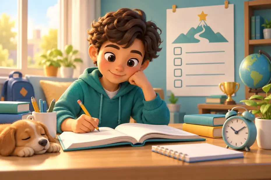 A student studies beside an open book and a small goal chart, illustrating study in order to prepare for an exam.