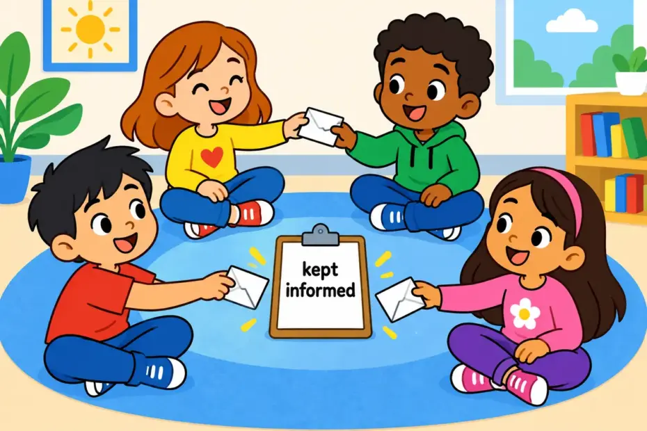 Cartoon office friends pass messages around a ring to show in the loop in a sentence as staying informed.