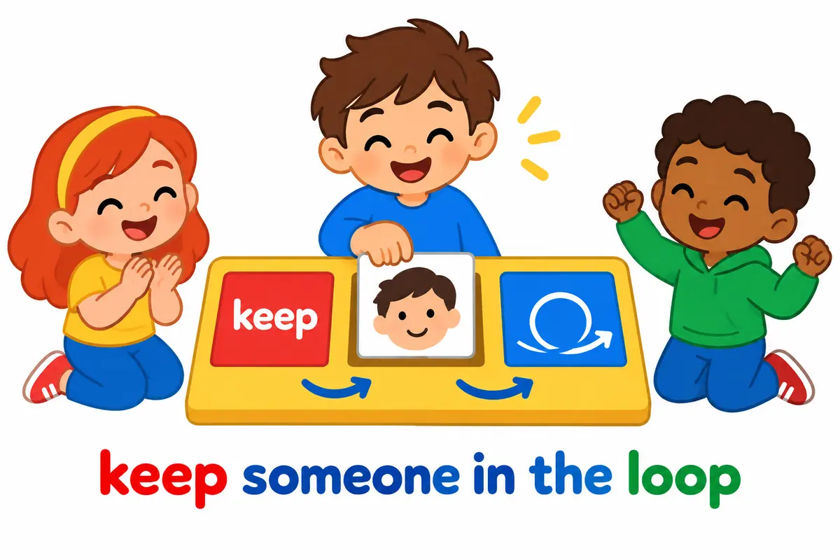 Cartoon word cards show keep, then a smiling child figure, then in the loop, lining up in the correct order.
