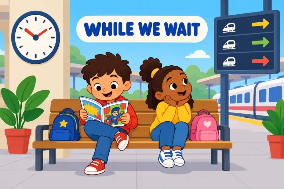Cartoon children wait with luggage beside a departure board, showing in the meantime in a sentence as filling the wait.