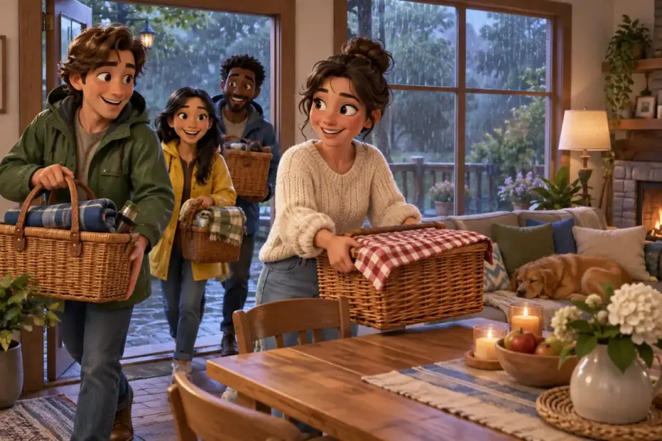 Friends move picnic baskets indoors while rain falls outside a window.