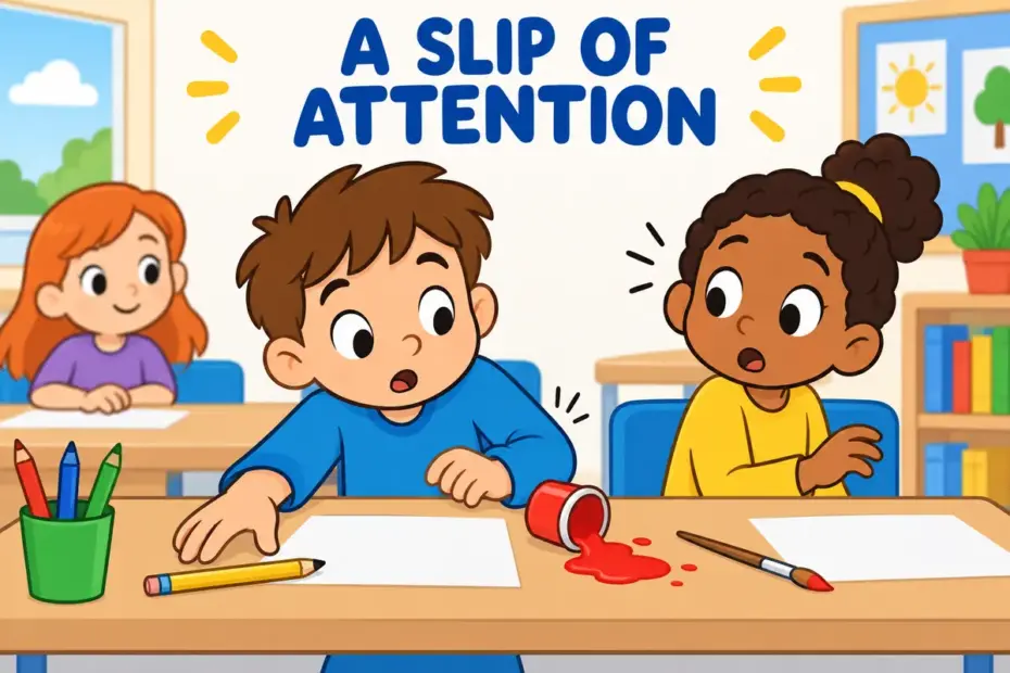A cartoon pupil reaches for a pencil and inadvertently knocks over a paint pot, showing inadvertent in a sentence as an accidental slip.