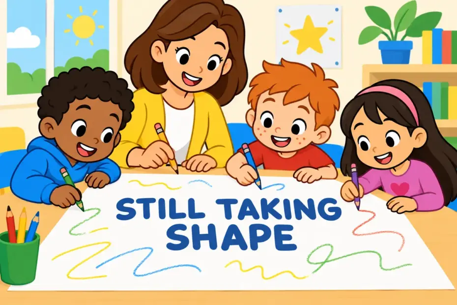 Cartoon pupils sketch a rough poster with no clear outline, showing inchoate in a sentence as an idea still taking shape.