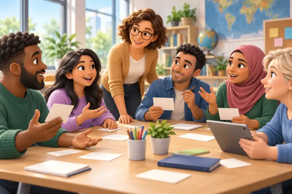 A diverse group of students shares ideas around a classroom table using cards and a tablet.