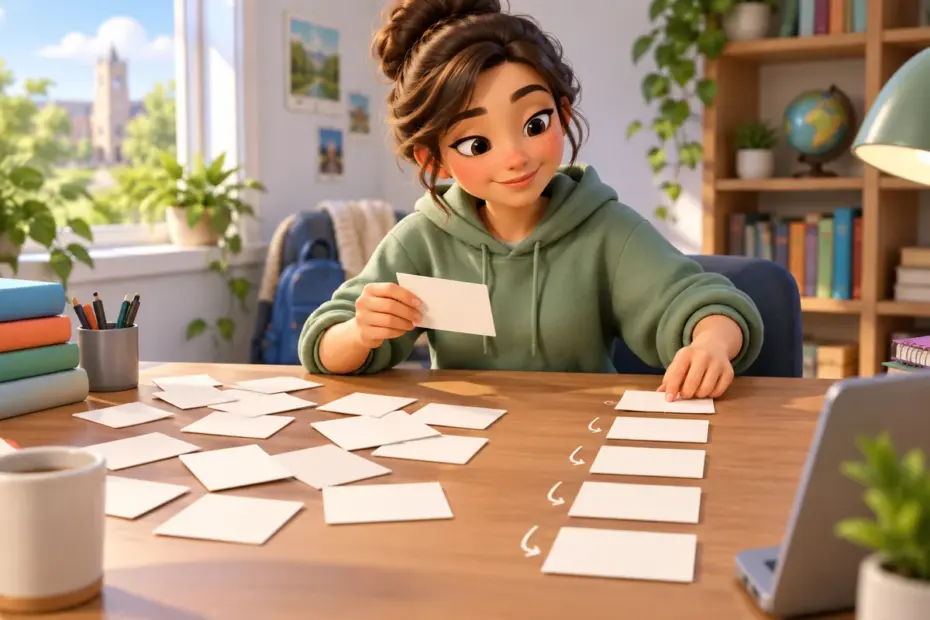 A student organizes scattered note cards into a clear outline.