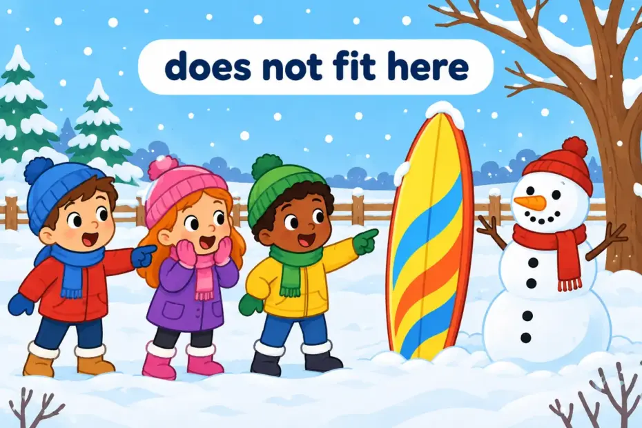 Cartoon children in a snowy playground look at a surfboard leaning on a snowman, illustrating incongruous in a sentence as out of place.