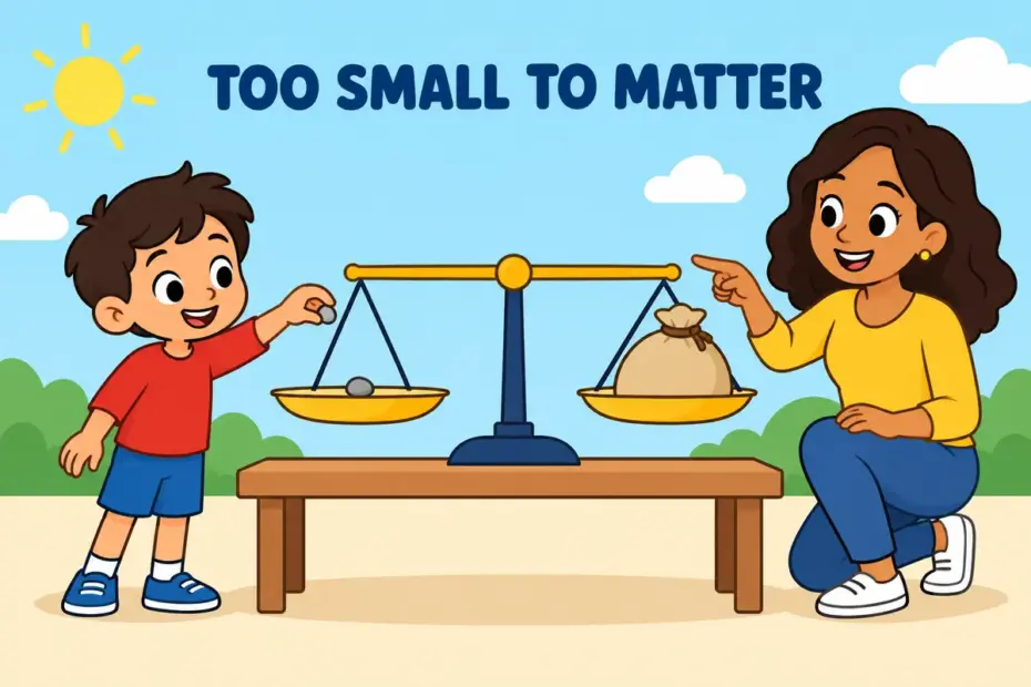 A cartoon child places a tiny pebble on a balance scale that does not move, illustrating inconsequential in a sentence.