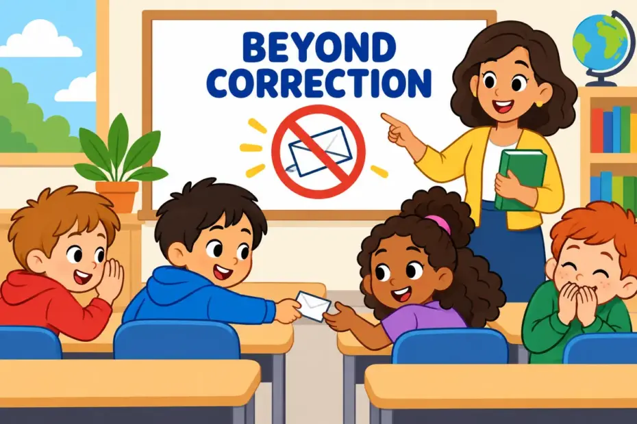 Cartoon pupils repeat a prank despite a teacher pointing at a rule chart, showing incorrigible in a sentence as beyond correction.