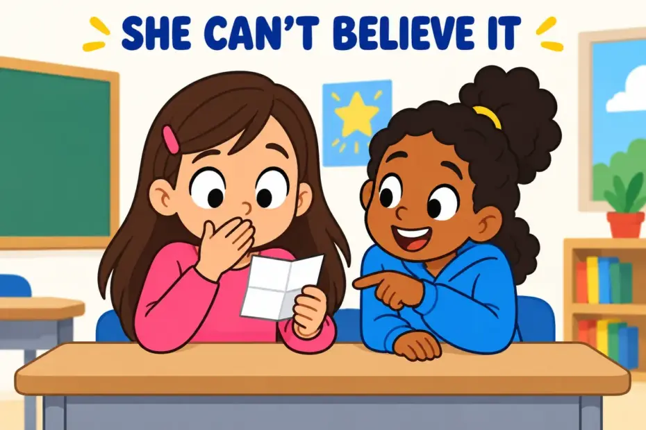 Cartoon girl with wide eyes and raised brows, showing incredulous in a sentence as a person who cannot believe what she hears.
