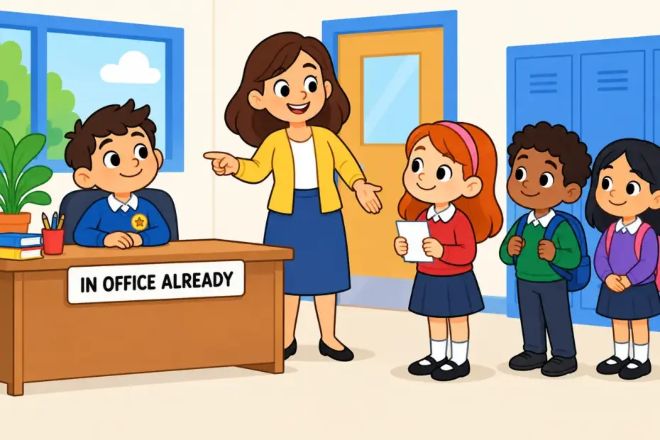 Cartoon pupils show a nameplate on the front desk, illustrating incumbent in a sentence as the person already holding a seat.