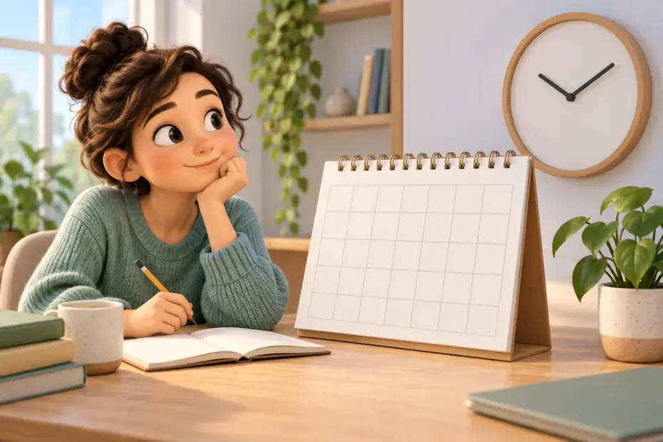 A planner looks at a blank calendar with no end date marked beside a clock with hands but no numbers.