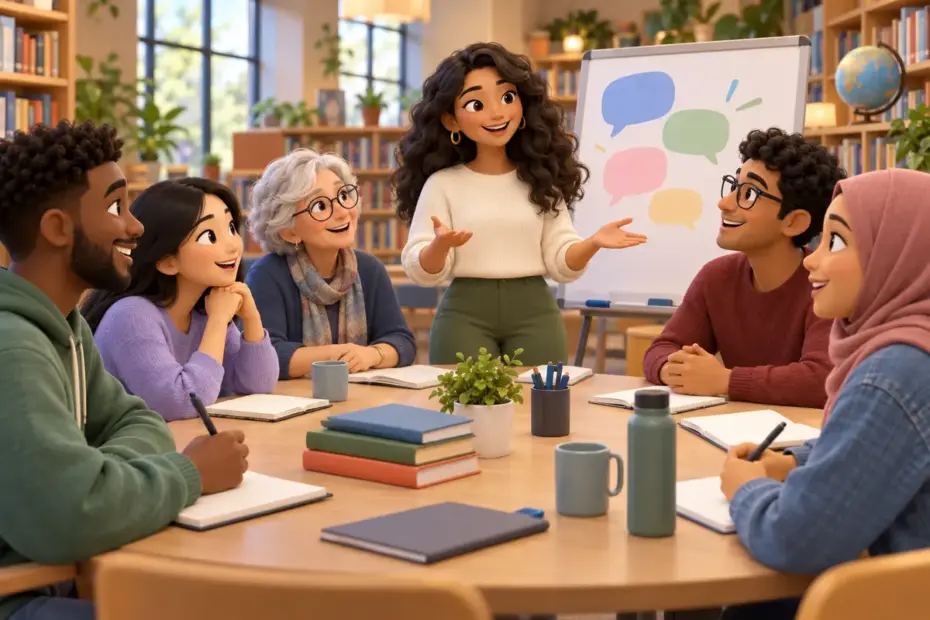 A group takes part in a classroom discussion beside an abstract speech-bubble board.