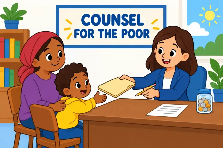 Cartoon legal aid desk gives free help to an indigent family, showing indigent in a sentence as severe poverty.