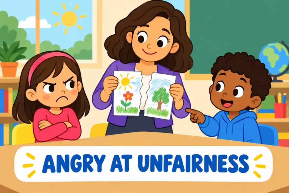 Cartoon pupil folds her arms beside a torn contest entry, illustrating indignant in a sentence as anger at unfairness.