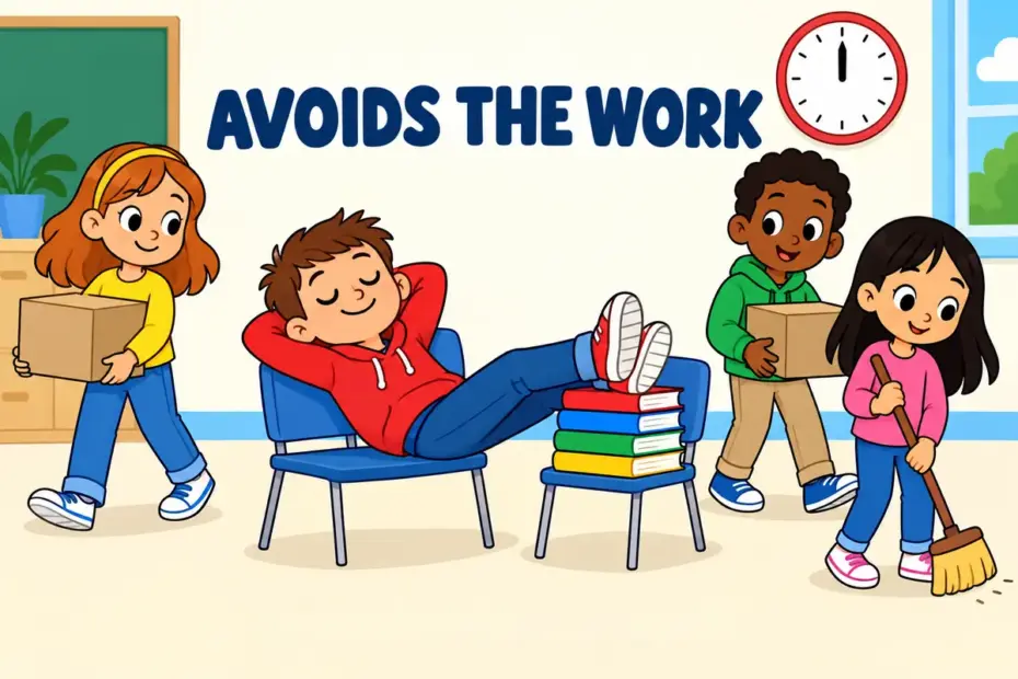 Cartoon pupils watch one child lounge while chores wait, showing indolent in a sentence as a habit of avoiding effort.