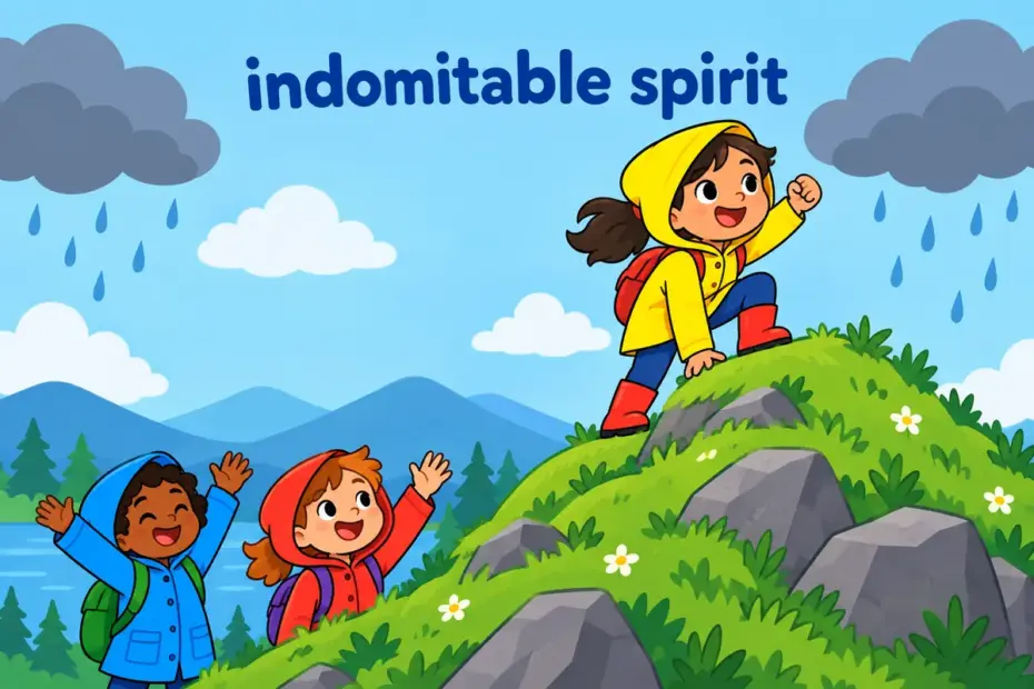 Cartoon children cheer as a classmate climbs a steep hill in the rain, showing indomitable in a sentence as an unbroken spirit.