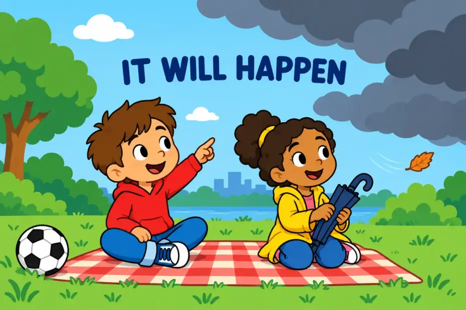 Cartoon children watch storm clouds roll in over a picnic, showing inevitable in a sentence as something certain to happen.