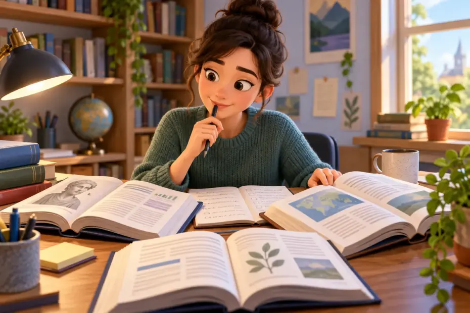 A researcher compares several reference books and notes before reaching a conclusion.