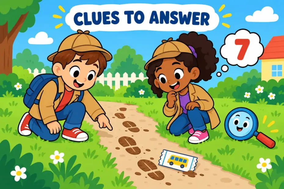 Cartoon children follow footprints and a dropped ticket, showing infer in a sentence as drawing a conclusion from clues.