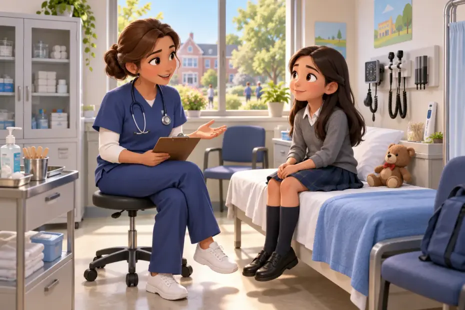 A school nurse speaks with a student in a tidy infirmary with a cot and first-aid cabinet.