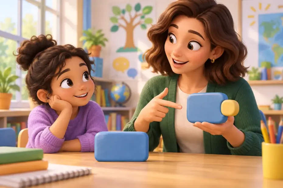 A language teacher shows two word-form blocks while speaking with a student, illustrating grammatical inflection.