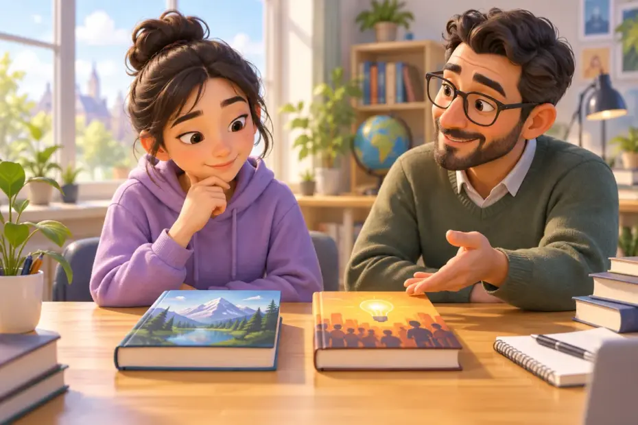 A student considers two books as a mentor shares advice across a bright study table.