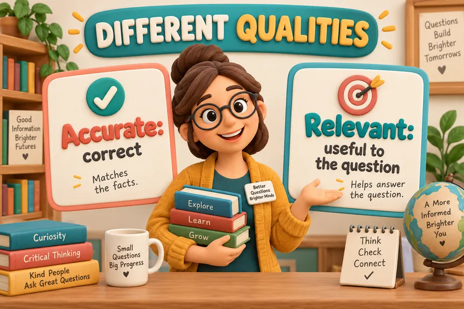Accurate means correct; relevant means useful to the question: different qualities.