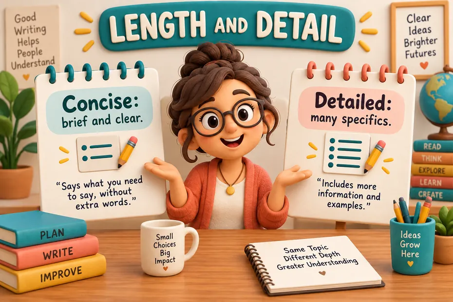 Concise means brief and clear; detailed means many specifics.