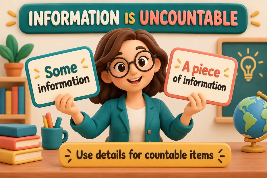 Information is uncountable: some information or a piece of information; use details for countable items.