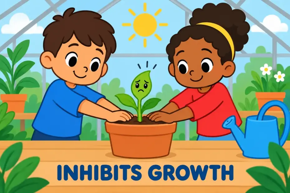 Cartoon seedling is gently held back by two small blockers, showing inhibit in a sentence as slowing a natural process.
