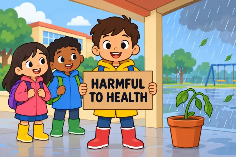 Cartoon pupils shelter a poster from rain beside a wilting plant, illustrating inimical in a sentence as harmful conditions.